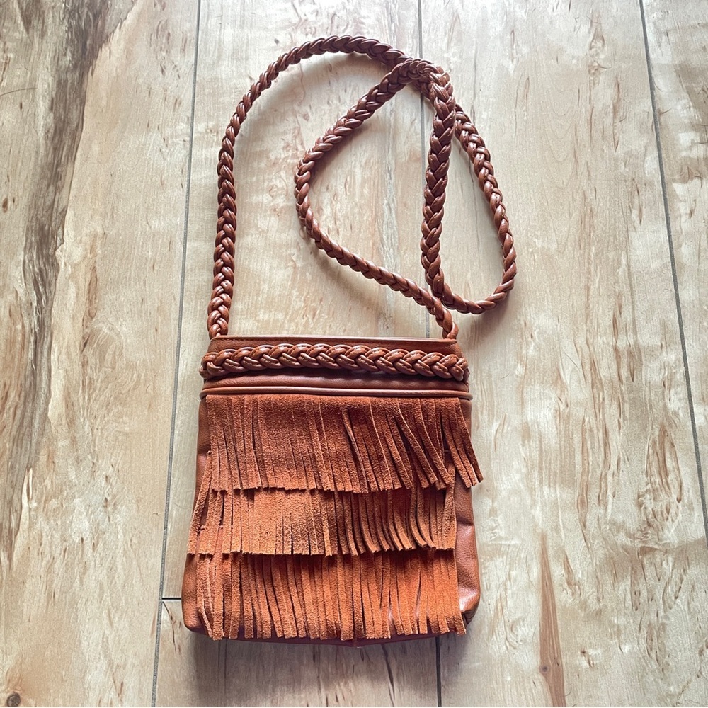 Faux Leather Fringe Cossbody Bag with‎ Braided Strap